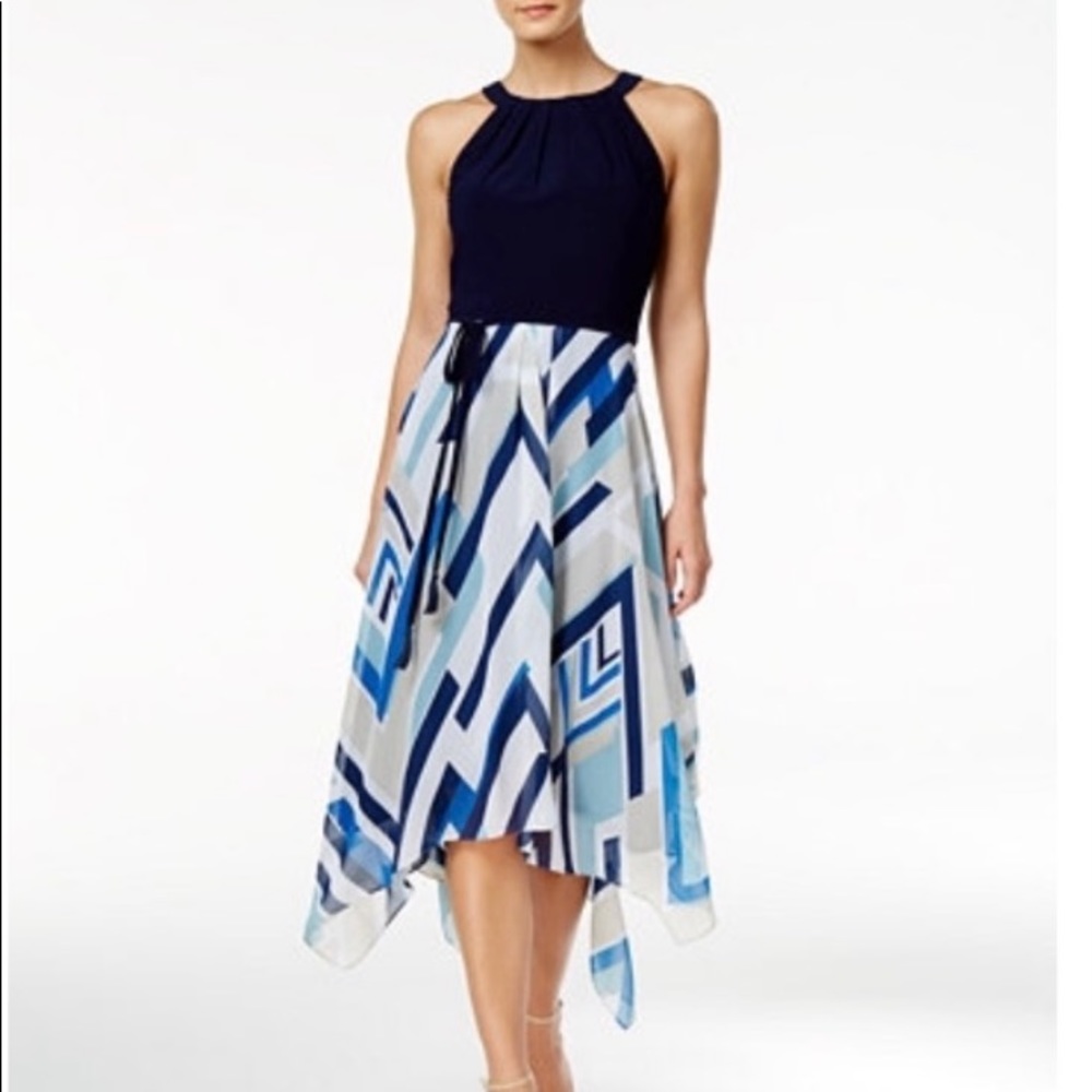 SLNY dress in navy w/ fun print & shark bite hem